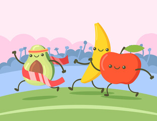 Avocado, banana and apple cartoon characters running marathon. Cute avocado crossing finish line, winning competition vector illustration. Sport fans in background. Fitness, champion, race concept