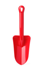 Red plastic toy shovel isolated on white
