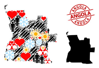 Scratched Angola seal, and spring men Covid-2019 treatment collage map of Angola. Red round seal has Angola text inside circle. Map of Angola collage is made from winter, spring, heart, man,