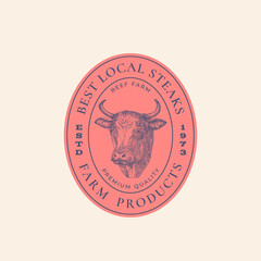 Best Local Steaks Farm Retro Framed Badge or Logo Template. Hand Drawn Cow Face Sketch with Retro Typography. Vintage Beef Meat Sketch Emblem. Isolated