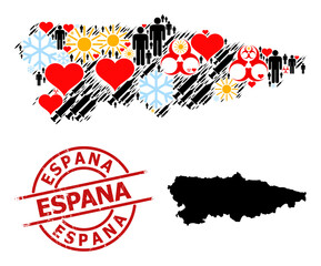 Grunge Espana stamp seal, and heart patients Covid-2019 treatment mosaic map of Asturias Province. Red round stamp seal includes Espana text inside circle.