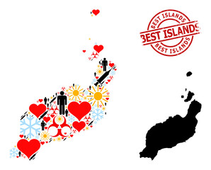 Scratched Best Islands stamp seal, and spring people Covid-2019 treatment collage map of Lanzarote Islands. Red round stamp seal includes Best Islands text inside circle.