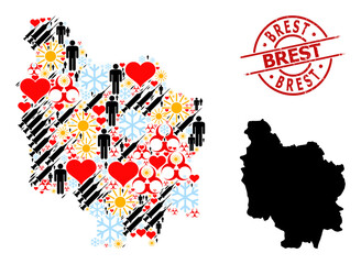 Scratched Brest stamp, and heart customers syringe collage map of Burgundy Province. Red round stamp seal has Brest title inside circle. Map of Burgundy Province collage is organized with winter,