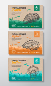 Premium Quality Food Box Mockups. Vector Seafood Packaging Label Design on a Cardboard Containers Set. Hand Drawn Mussel, Oyster and Scallop Sketch Sea Bottom Landscape Background Layouts Collection