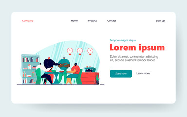 Happy office employees talking during coffee break flat vector illustration. Cartoon people smiling, eating lunch and meeting at company kitchen. Friendship and teamwork concept