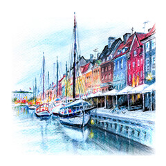 Watercolor pencils sketch of Nyhavn with colorful facades of old houses and ships in Old Town of Copenhagen, capital of Denmark. - obrazy, fototapety, plakaty