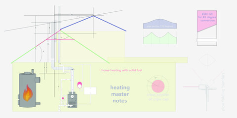 Draft drawing of a heating system with a chimney for a house, Repair Service, Remodeled, Construction