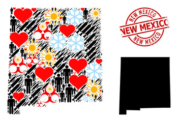 Scratched New Mexico stamp seal, and heart demographics Covid-2019 treatment collage map of New Mexico State. Red round stamp contains New Mexico text inside circle.