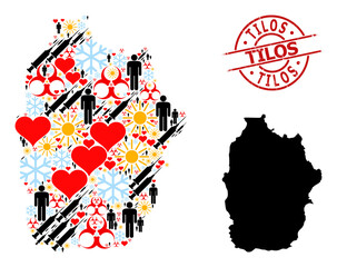 Rubber Tilos stamp seal, and spring men inoculation collage map of Azores - Flores Island. Red round stamp seal includes Tilos title inside circle.
