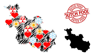 Obraz premium Rubber Dutch Food stamp seal, and winter patients vaccine collage map of Overijssel Province. Red round seal includes Dutch Food title inside circle.