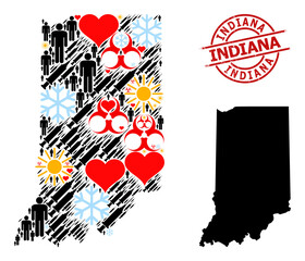 Distress Indiana stamp seal, and spring patients infection treatment collage map of Indiana State. Red round stamp includes Indiana title inside circle. Map of Indiana State collage is made of frost,