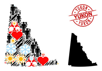 Grunge Yukon stamp seal, and heart demographics syringe collage map of Yukon Province. Red round stamp seal contains Yukon tag inside circle. Map of Yukon Province collage is composed from cold,