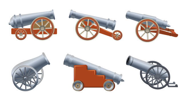 Medieval cannon set in cartoon style. Vector illustrations of old weapons. Illustrations of war equipment for pirate ships of fortresses. Feudal concept for adverts, computer game or banner designs