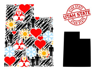 Grunge Utah State badge, and winter humans inoculation mosaic map of Utah State. Red round badge has Utah State text inside circle. Map of Utah State mosaic is formed of winter, sunny, lovely,