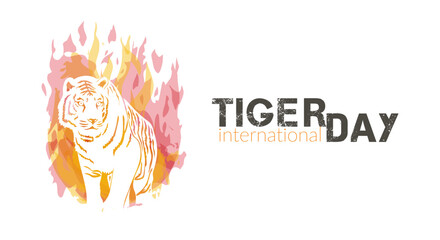International Tiger Day. July 29. Template for your design. Stylized vector illustration image of a tiger on fire.