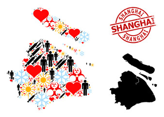 Grunge Shanghai stamp seal, and sunny men vaccine mosaic map of Shanghai Municipality. Red round stamp seal contains Shanghai text inside circle.