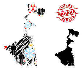 Scratched Sahara badge, and heart people inoculation mosaic map of West Bengal State. Red round stamp seal includes Sahara caption inside circle. Map of West Bengal State mosaic is done of cold, sun,