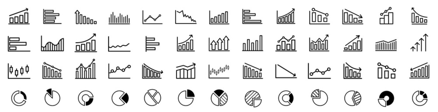 Growing bar graph icon set. Business graphs and charts icons. Statistics and analytics vector icon. Statistic and data, charts diagrams, money, down or up arrow. Vector illustration.