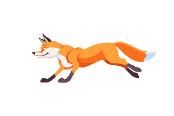 Cartoon fox jumps and running. Cheerful, festive, jubilant emotions in the fox. Vector illustration isolated on white background
