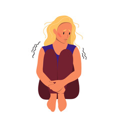 Sad woman sitting on the floor. Concept of mental disorder. Colorful vector illustration in flat cartoon style.