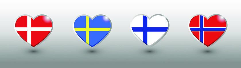 Flags of Northern Europe, Scandinavia, Set of vector 3D flags in heart shape on white background. National flags of Norway, Denmark, Sweden, Iceland, Finland, Faroe islands.
