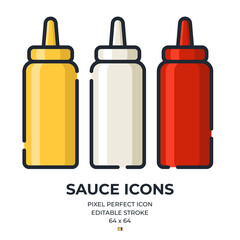 Sauce bottle editable stroke outline icons isolated on white background flat vector illustration. Pixel perfect. 64 x 64.