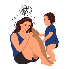 Sad mother sitting on the floor with her crying child. Postpartum depression concept. Colorful vector illustration in flat cartoon style.