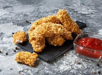 Chicken strips. Chicken strips baked in cornflakes. Proper nutrition, diet.