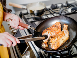 Non stick grey frying pan with wood handle