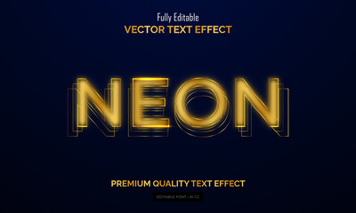 Neon text, fully editable vector text effect with glossy golden color effect