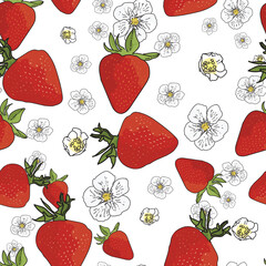 Vector background garden strawberries, berry flowers, berries fruits. Seamless pattern background