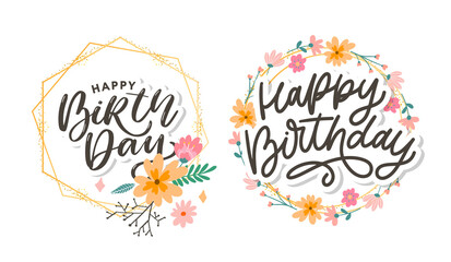 Beautiful happy birthday greeting card with flowers and bird. Vector party invitation with floral elements.