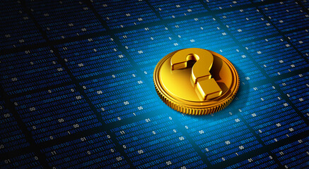 Crypto currency and cryptocurrency questions and investing uncertainty as a virtual blockchain money investment risk with a golden coin representing bitcoin 