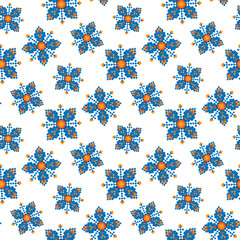 Blue pixel flowers isolated on white background. Cute floral seamless pattern. Vector simple flat graphic illustration. Texture.