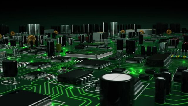 Animation of futuristic circuit board with shining electrons. CPU Processor Microchip Starting Artificial Intelligence Digitalization of Neural Networking and Cloud Computing Data.