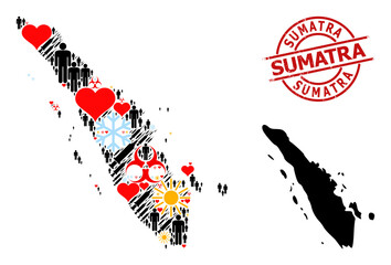 Grunge Sumatra stamp seal, and sunny customers vaccine collage map of Sumatra Island. Red round seal contains Sumatra text inside circle. Map of Sumatra Island collage is organized from frost, sunny,