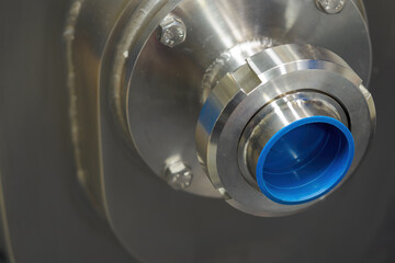 Flange dairy fitting with blue plastic seal.