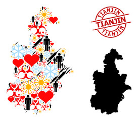 Grunge Tianjin badge, and sunny patients virus therapy collage map of Tianjin Municipality. Red round badge contains Tianjin tag inside circle. Map of Tianjin Municipality collage is formed of frost,