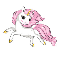 Beautiful illustration of cute little smiling unicorn with pink mane. Isolated.Beautiful picture for your design.   - 439650700
