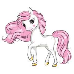 Beautiful illustration of cute little smiling unicorn with pink mane. Isolated.Beautiful picture for your design.   - 439650795