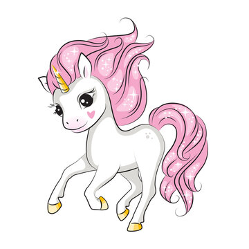 Beautiful illustration of cute little smiling unicorn with pink mane running. Isolated.Beautiful picture for your design.  