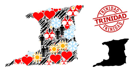 Distress Trinidad seal, and lovely demographics vaccine collage map of Trinidad Island. Red round seal includes Trinidad tag inside circle. Map of Trinidad Island collage is formed with snow, sun,