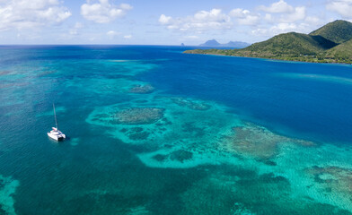 Fototapeta premium panorama of coral reef in Caribbean sea, Antilles islands aerial view