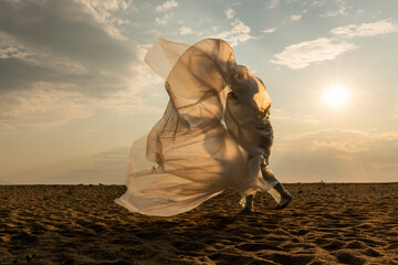 woman wrapped with nylon sheet