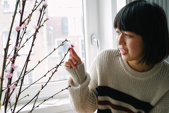young Asian girl at home looking at the sakura flowers