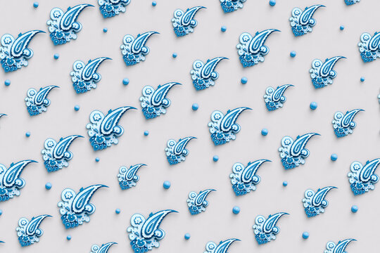 blue Paisley pattern on grey background on different sizes