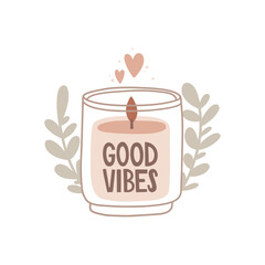 Aroma candle in a glass candlestick. Leaves and hearts. Handwritten lettering 