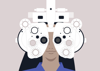 Modern optometrist equipment, a young female character checking their eyesight health