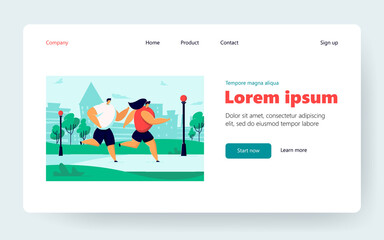 Obraz na płótnie Canvas Happy cartoon couple doing jogging together in summer city park. Flat vector illustration. Athlete people running, doing sport, enjoying fitness, living healthy lifestyle. Sport, health, hobby concept