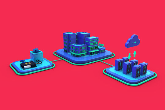 3d illustration of a smart city or the concept of building smart cities with artificial intelligence. Building automation. Thematic background of the data management system within a city